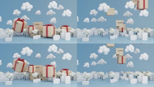 一个礼品盒漂浮在低多边形云的村庄中。送至目的地快递概念节日礼品送至蓝色背景3d渲染动画高清在线视频素材下载