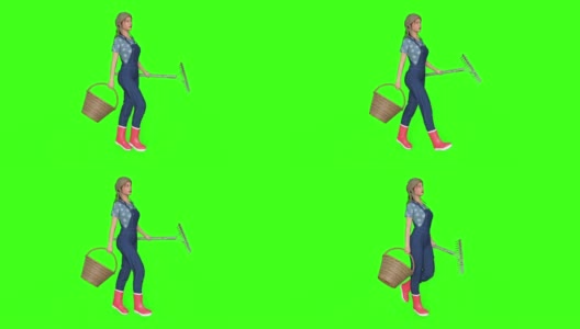 农家姑娘带着篮子和耙子走着，绿色的背景高清在线视频素材下载
