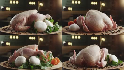 生鸡肉和蔬菜放在木盘子里高清在线视频素材下载