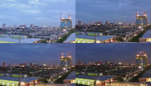 建筑工地在黄昏到夜晚的工作时间对城市景观高清在线视频素材下载