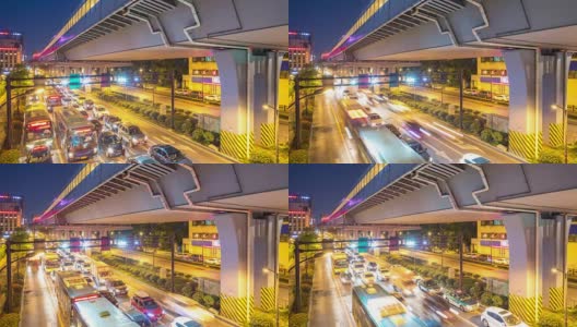 现代城市中城区夜间高架路下的交通。时间流逝高清在线视频素材下载