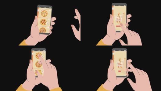 使用在线外卖订购披萨，2d平面动画。在黑色背景的智能手机上滚动送餐应用程序。餐厅经营理念。高清在线视频素材下载