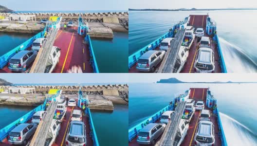 韩国济州岛码头上挤满了汽车的大渡船。间隔拍摄4 k hyperlapse高清在线视频素材下载