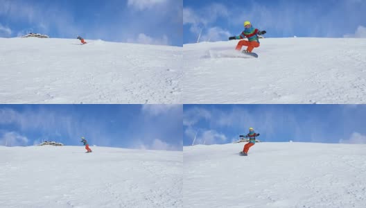 SLO MO滑雪板在镜头前喷雪高清在线视频素材下载