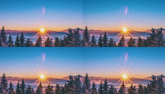 美丽的阳光明媚的早晨，在冬季森林的自然与太阳升起在蓝色的天空在阿尔卑斯山脉时间流逝高清在线视频素材下载