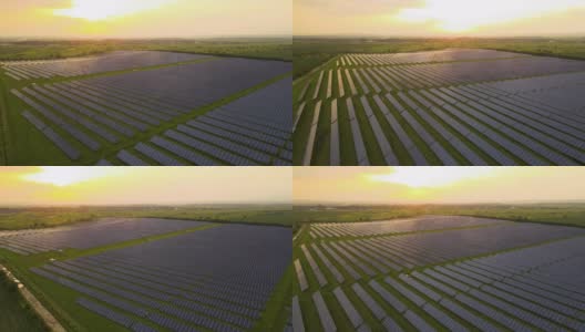 大型可持续发电厂的鸟瞰图，夜间有一排排的太阳能光伏电池板，用于生产清洁的电能。零排放的可再生电力概念高清在线视频素材下载