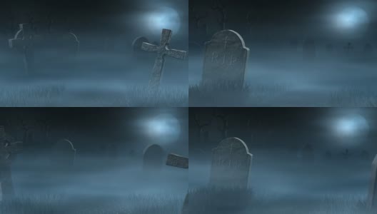 阴森朦胧的墓地上的墓碑，满月的夜晚高清在线视频素材下载