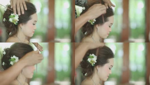 亚洲新娘在婚礼当天做发型高清在线视频素材下载