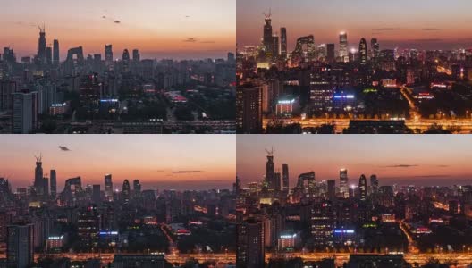 T/L MS HA ZI鸟瞰图美妙的城市景色，黄昏到夜晚过渡/北京，中国高清在线视频素材下载