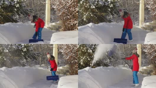 年轻女孩在人行道上铲雪高清在线视频素材下载