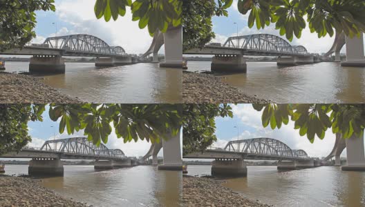 高清摄影:河上大桥上的汽车交通。高清在线视频素材下载