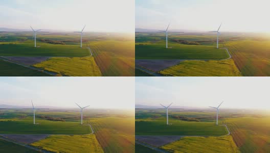 日落时风车涡轮机的美丽景色。新能源项目。高清在线视频素材下载