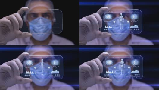 戴着白手套的科学家正在检查来自数字屏幕的数据。虚拟现实让医生戴上了口罩。HUD图形用户界面。4 k分辨率的视频。高清在线视频素材下载