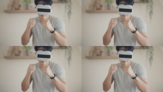 亚洲男子玩虚拟现实游戏元宇宙数字世界技术AR增强现实控制高清在线视频素材下载