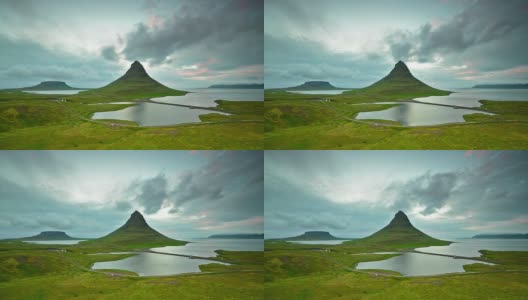 Kirkjufell山黄昏时移动云的空中延时视频高清在线视频素材下载
