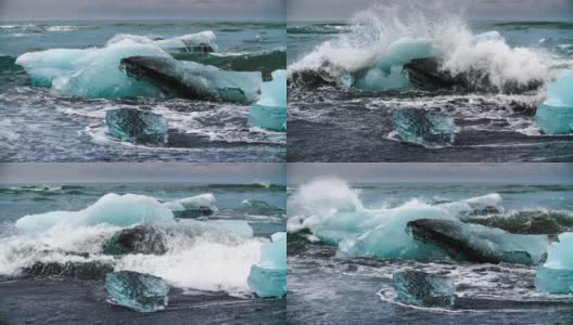 慢镜头:波涛汹涌的海面上的冰山高清在线视频素材下载