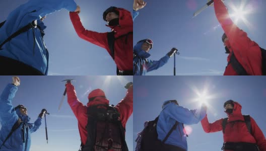 登山者在山顶上欢呼高清在线视频素材下载
