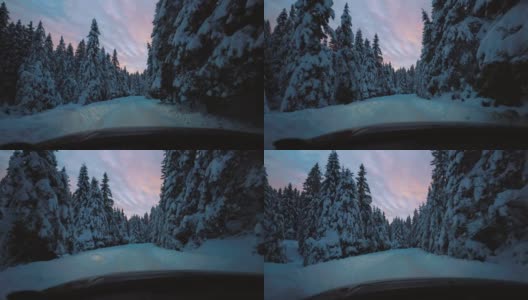 在森林中央的雪地上开车高清在线视频素材下载