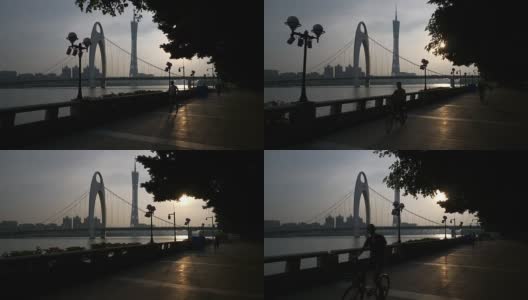 日落时分广州市名桥广州塔滨江湾慢镜头全景4k中国高清在线视频素材下载