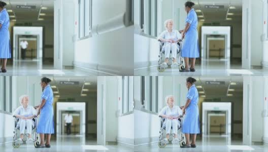 医院走廊民族护士轮椅病人高清在线视频素材下载