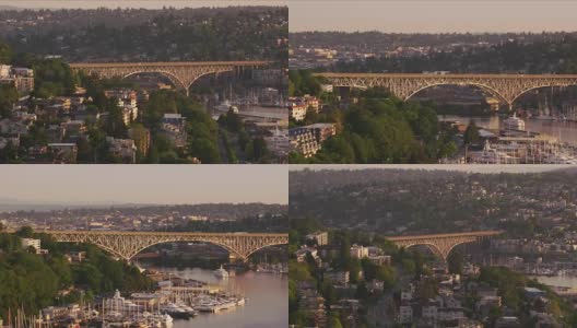 乔治华盛顿纪念桥和联盟湖的鸟瞰图。高清在线视频素材下载