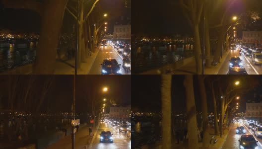 法国夜间照明巴黎双层巴士乘坐交通街道沿河全景4k高清在线视频素材下载