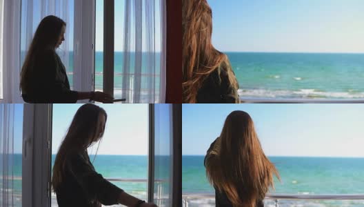 长头发的女人打开阳台的门，望着大海。欣赏外面的海景。Slowmotion拍摄高清在线视频素材下载