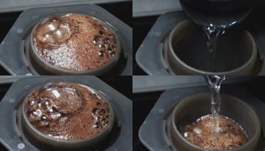 煮沸的水倒在等待开花的空压机中的新鲜磨碎的咖啡豆上高清在线视频素材下载