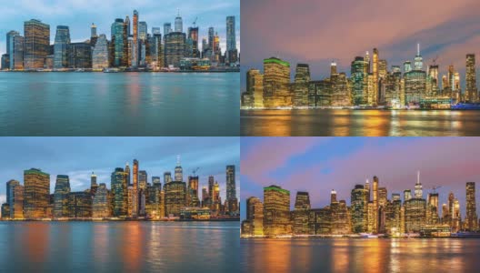 时间流逝下曼哈顿金融区城市景观与白天到晚上的时间在纽约，美国高清在线视频素材下载