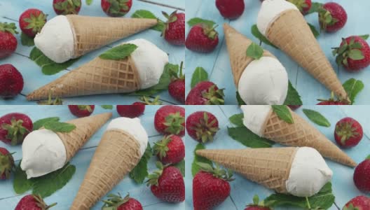 蓝色木板上放着冰淇淋和新鲜草莓，高清在线视频素材下载
