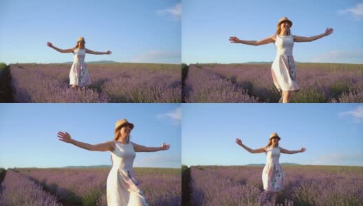 快乐的女人在薰衣草地里奔跑高清在线视频素材下载