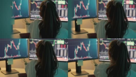 女人在电脑显示器上看股票行情图高清在线视频素材下载