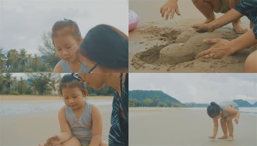 亚洲年轻的母亲和她的女儿在沙滩上玩沙子高清在线视频素材下载