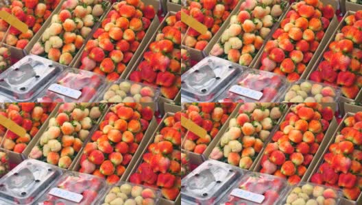 水果当地市场。熟的和未熟的草莓都装在纸箱里出售高清在线视频素材下载