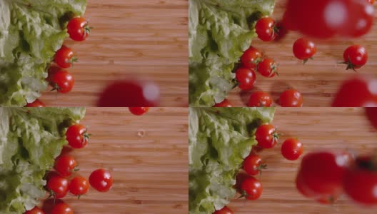从上到下:拍下湿西红柿在台面上落下和滚动的电影镜头高清在线视频素材下载