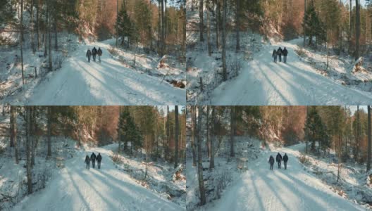 山顶冬季森林无人机飞行与一群人在冰天雪地的温度在一个梦幻的天然冰森林在巴伐利亚阿尔卑斯山，德国。从上面鸟瞰的角度看雪树。贝希特斯加登户外徒步旅行高清在线视频素材下载