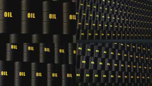 堆叠的黑色石油桶。“oil”这个词被涂成了黄色。高清在线视频素材下载
