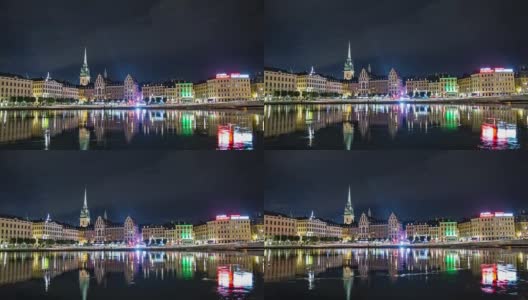 高清时间流逝:夜晚倾斜的斯德哥尔摩天际线高清在线视频素材下载