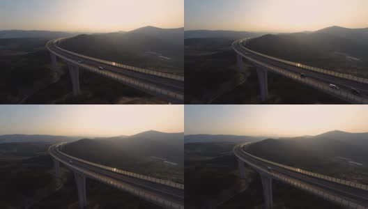 HD直升机:日落时分高架桥上的交通高清在线视频素材下载