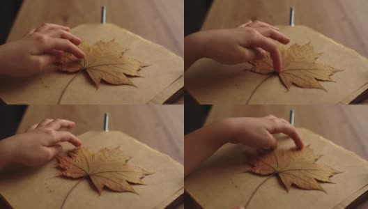 一个辨认不出的小女孩的手把枯萎的秋天枫叶放在羊皮纸上，抚平，创造一个贴花。高清在线视频素材下载