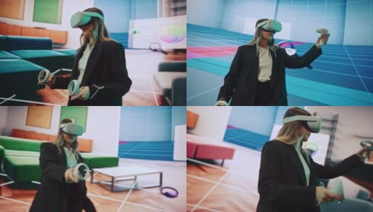室内设计师使用VR软件设计一个家，尝试不同的颜色，在互动环境中移动家具。为她的项目使用虚拟现实耳机和控制器的女工程师。高清在线视频素材下载