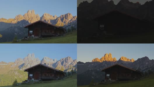 时间推移:夏季阿尔卑斯山的日出和山间小屋高清在线视频素材下载