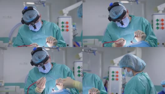由专家进行鼻腔手术。助手和外科医生正在做鼻子手术。医生在手术中使用医疗器械。特写镜头。高清在线视频素材下载