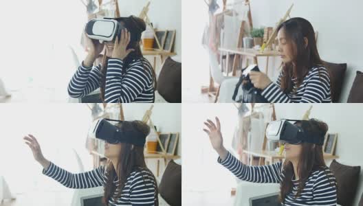 女人在家里玩虚拟现实耳机，虚拟现实眼镜高清在线视频素材下载