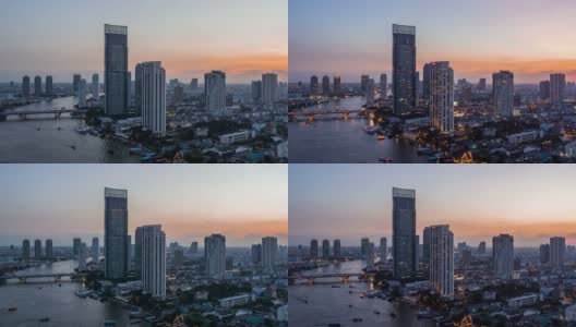从白天到晚上，4k时间的现代建筑在河边，在泰国曼谷的桥上交通高清在线视频素材下载