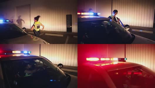 女警察爬进了闪着灯的警车高清在线视频素材下载