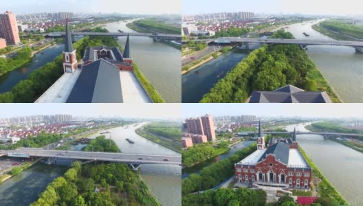 在中国苏州大运河岸边，一座新建成的教堂在空中飞翔高清在线视频素材下载