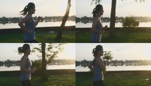 一个年轻女子在公园里跑步高清在线视频素材下载