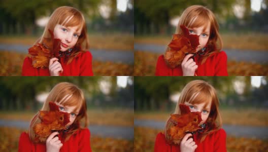 女孩拿着一片秋叶高清在线视频素材下载