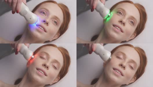 一个有吸引力的女人在美容诊所接受面部皮肤语音电泳程序。美容师在面部移动操作器高清在线视频素材下载